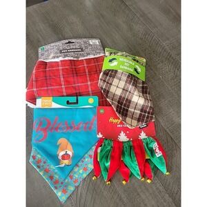 Lot Of 5 Dog Pet Bandana Scarf 15-18" Reversible-Fall-Elf-Plaid-Leaves-Blessed